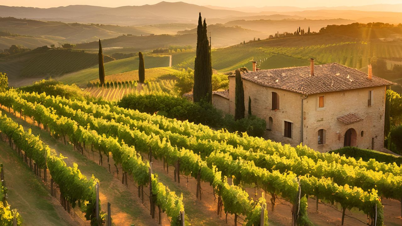 A warm, golden-lit image of a rustic Italian vineyard in Tuscany at sunset, with rows of lush green vines, ancient stone villas, and a few scattered wine barrels.