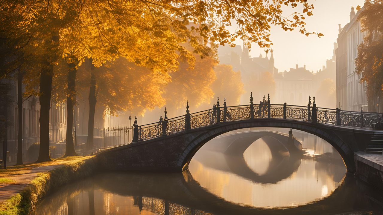 A serene atmosphere depicting a misty autumn morning in a European city: golden leaves surround a tranquil canal, with historic buildings and ornate bridges in the background, warm sunlight peeking through the fog.