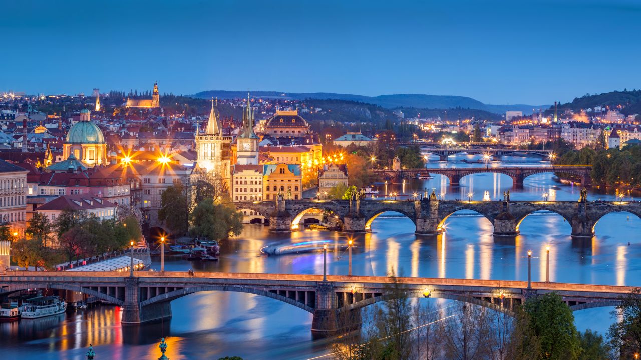 golden-lit evening scene in a European city